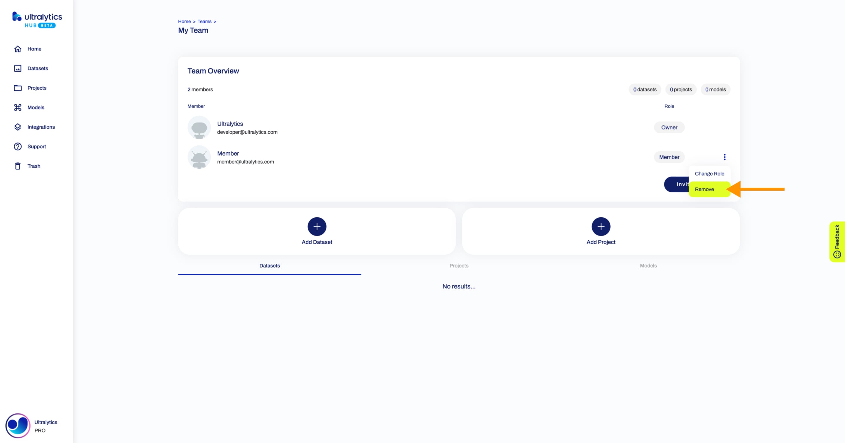 Ultralytics メンバーの1人の削除オプションを指す矢印があるチームページのHUBスクリーンショット