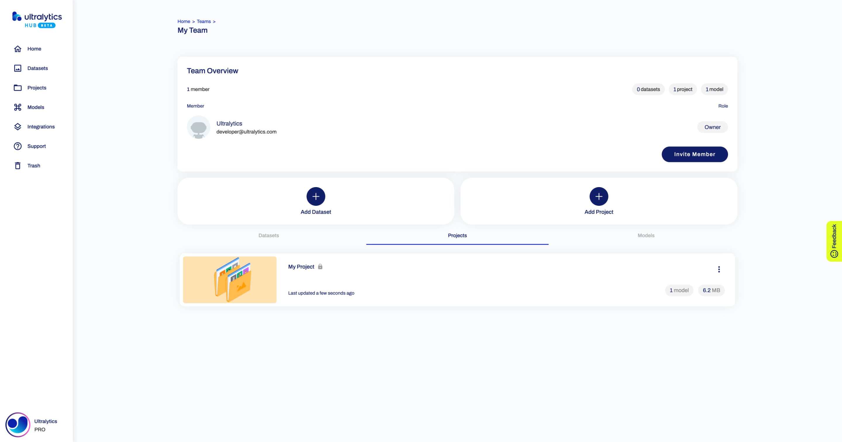 Ultralytics プロジェクトが共有されたチームページのHUBスクリーンショット