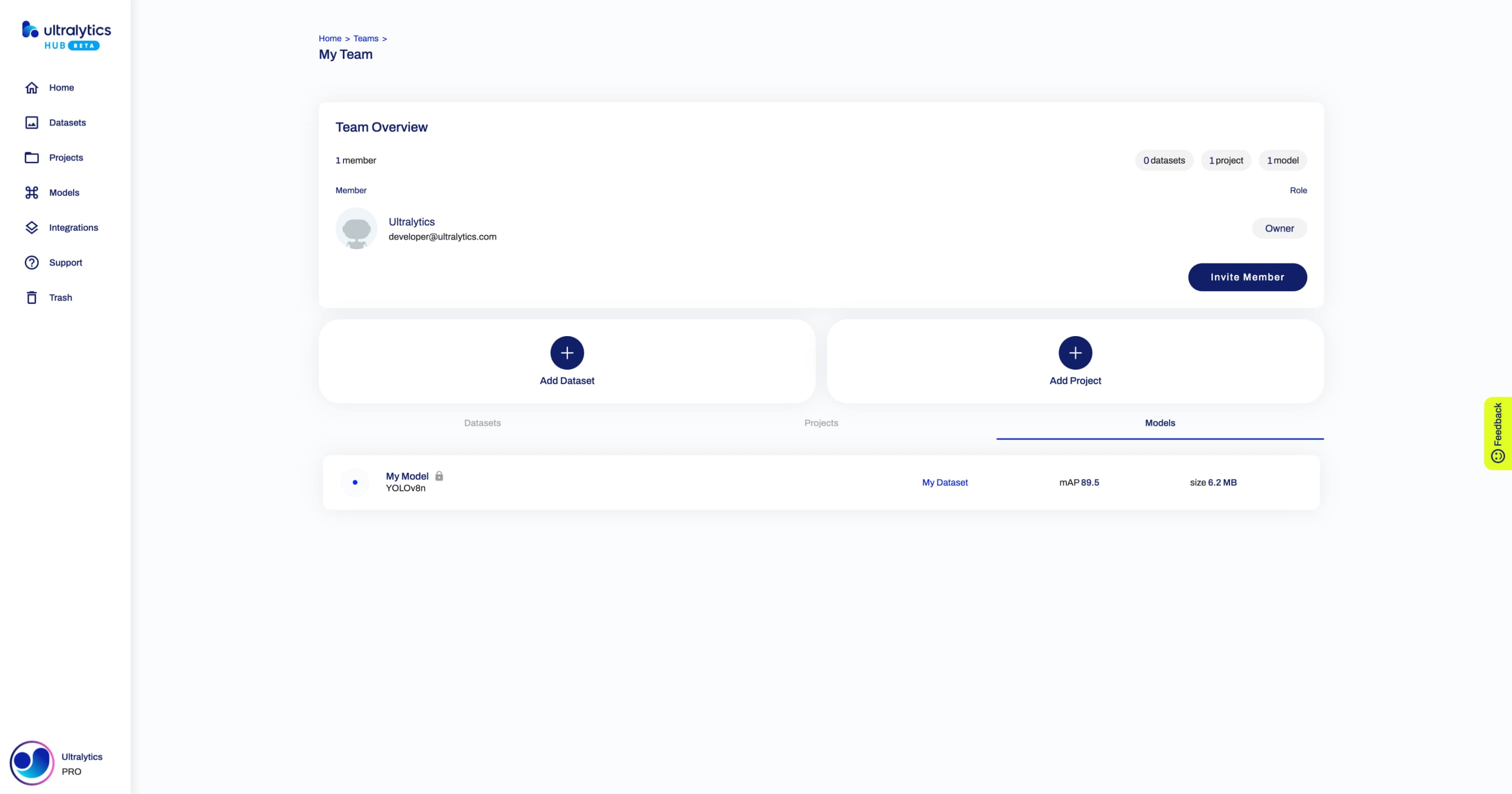 Ultralytics モデルが共有されたチームページのHUBスクリーンショット