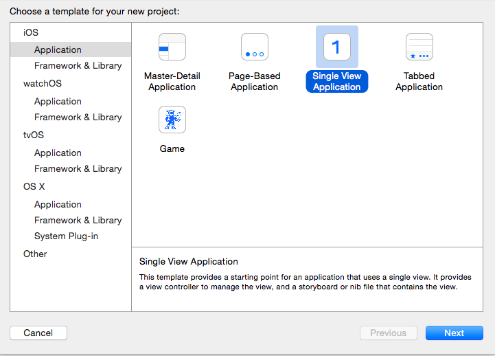 New project dialog, choose iOS Application and Single View Application