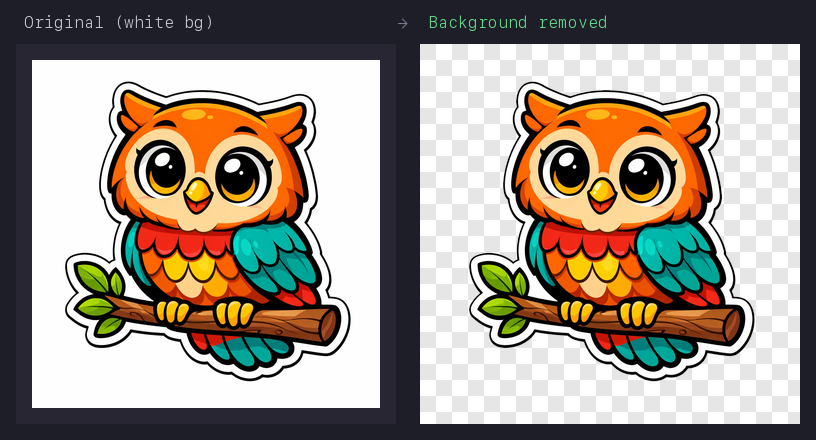 Background removal: colorful owl on white to transparent