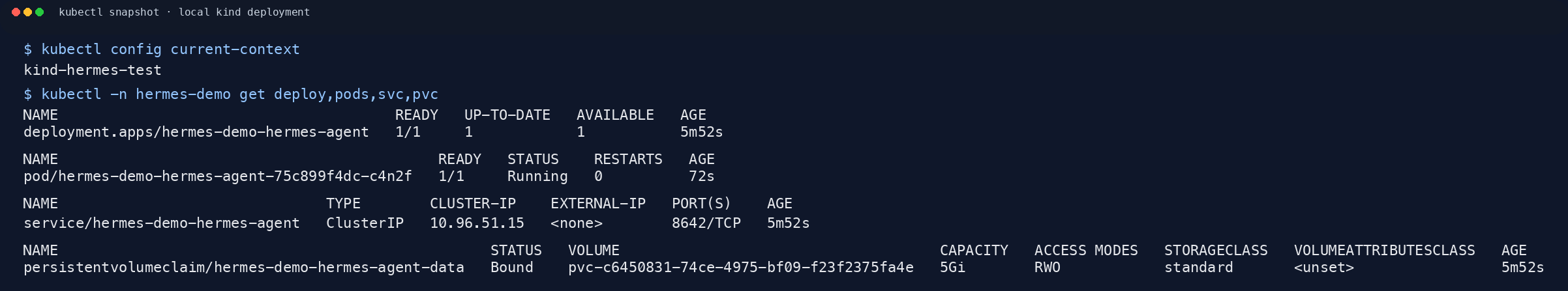 kubectl snapshot from a local Hermes Agent deployment on kind