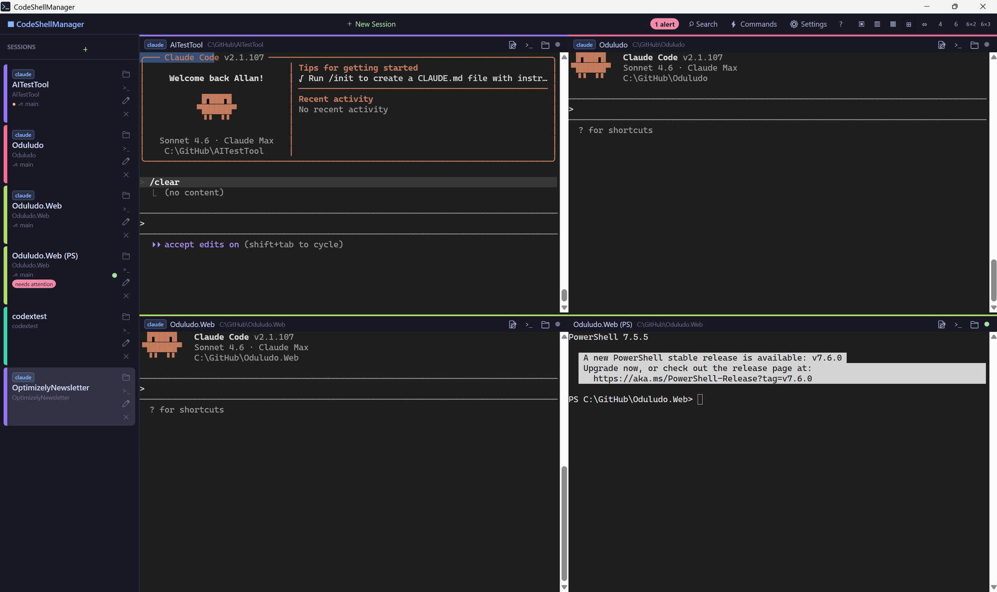 CodeShellManager screenshot showing four Claude Code sessions in a 2×2 grid layout