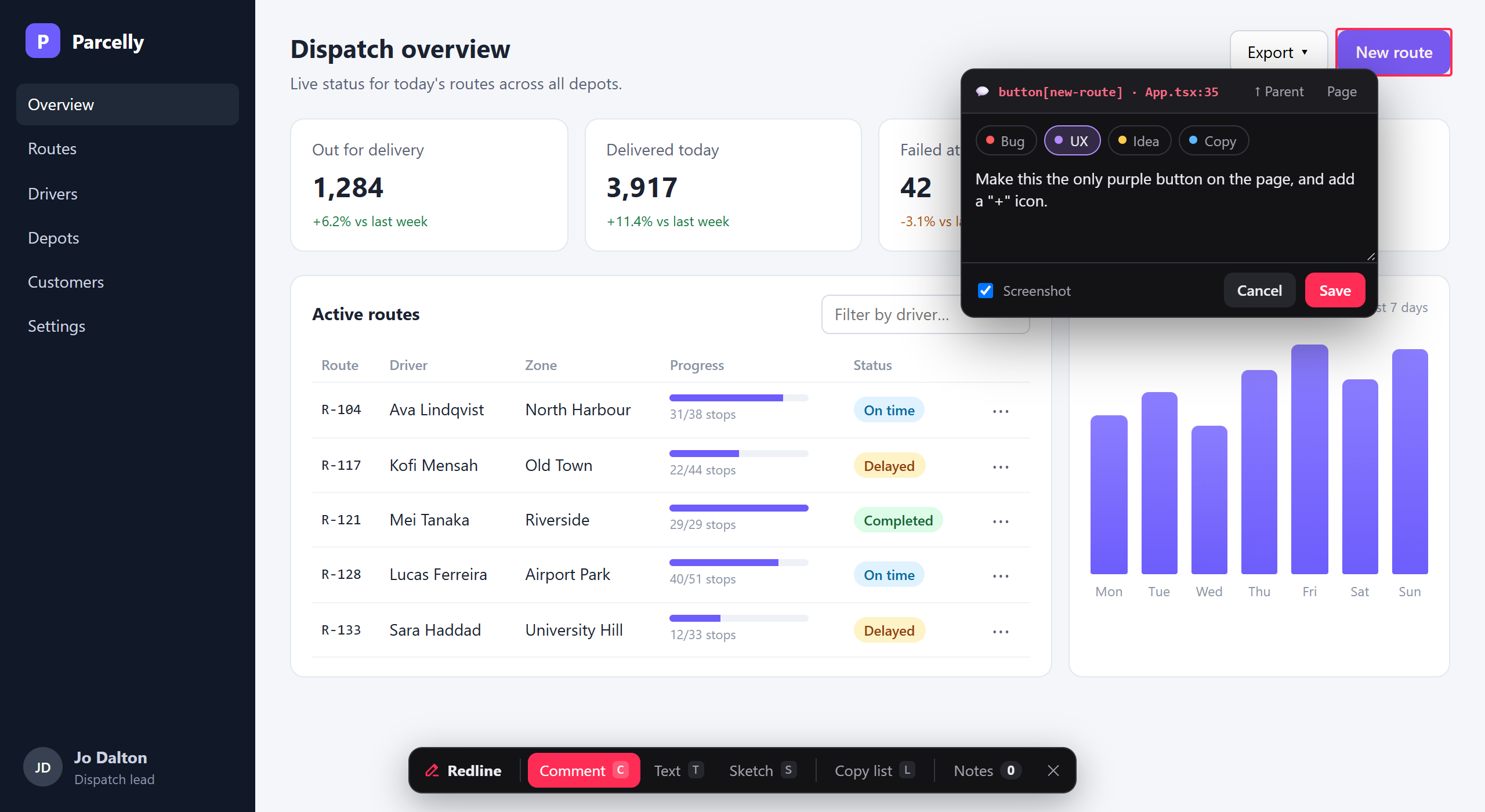 Commenting on a button: the popover shows the element and its React source, App.tsx:32