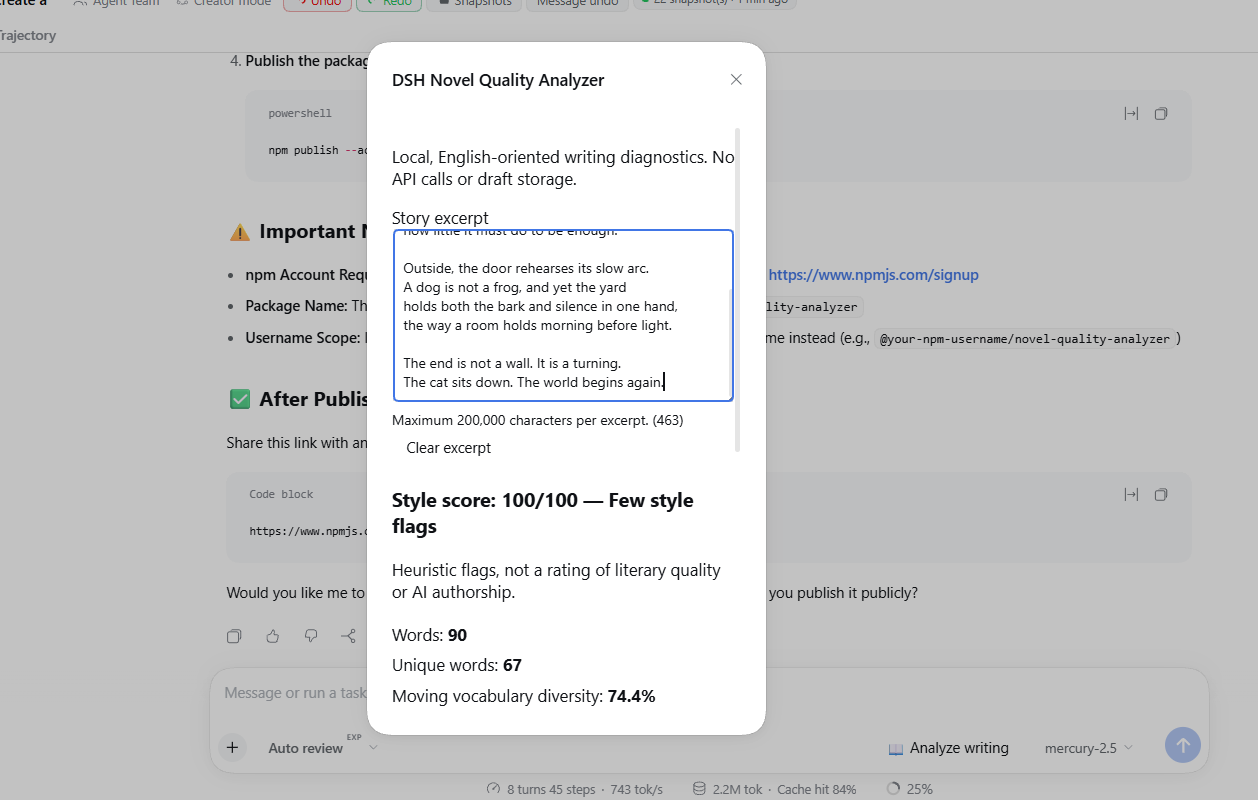 DSH Novel Quality Analyzer displaying diagnostics for a 90-word excerpt