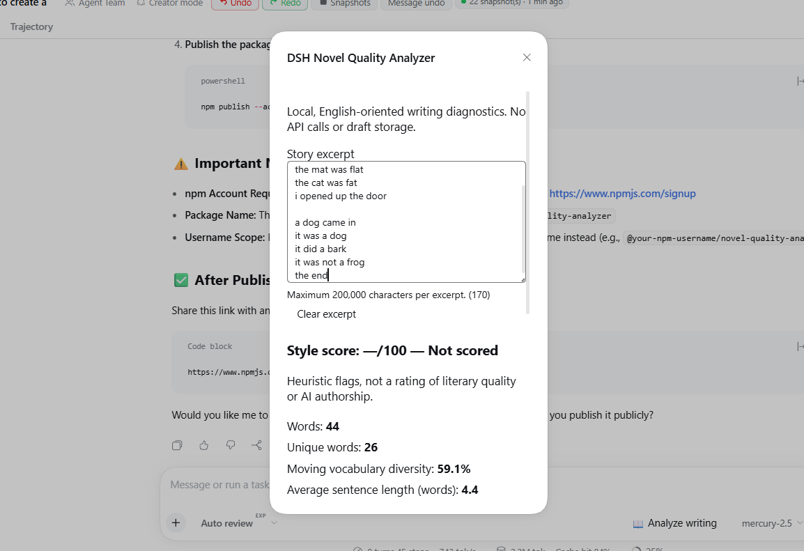 DSH Novel Quality Analyzer showing an unscored 44-word excerpt