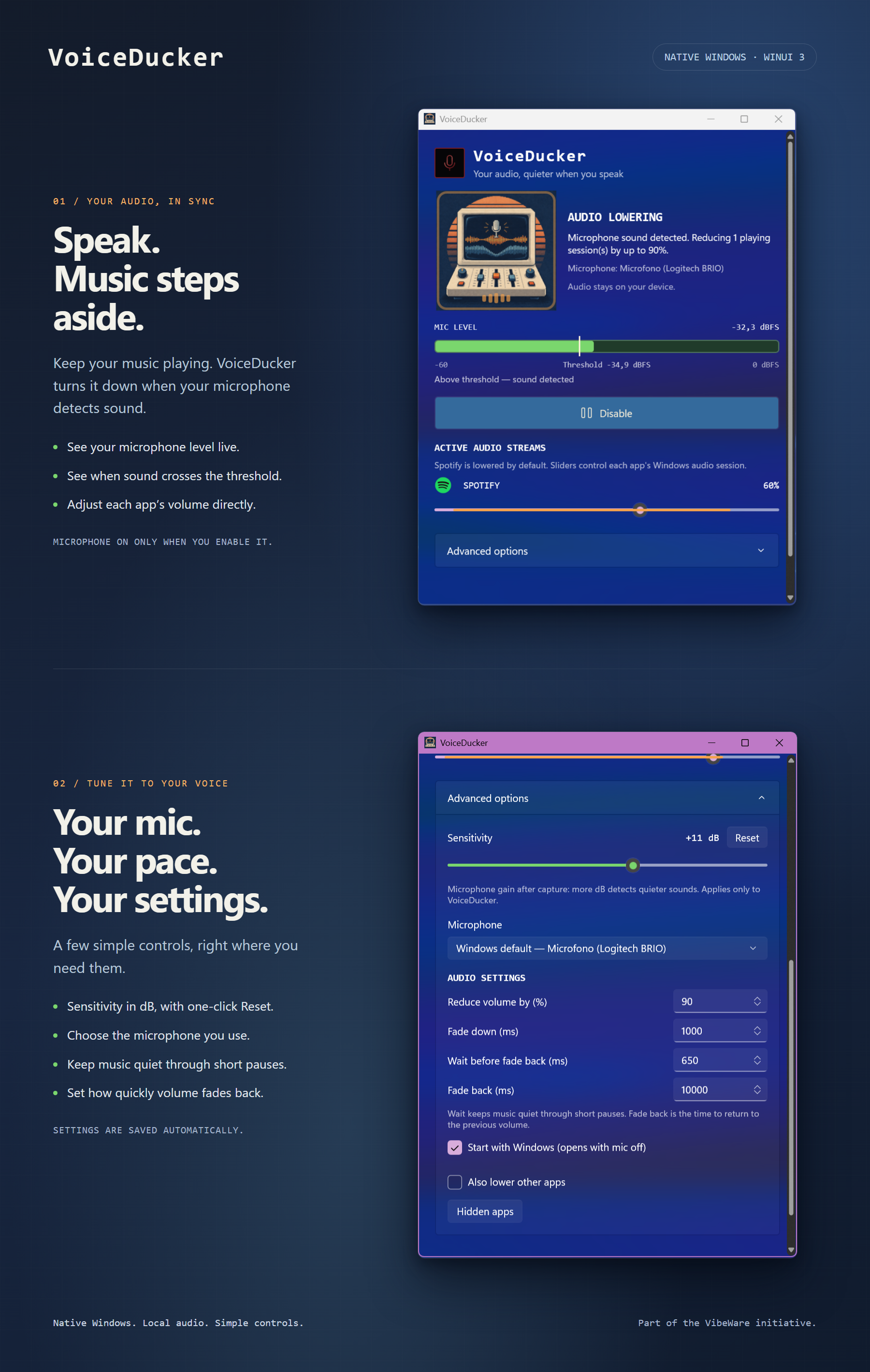 VoiceDucker native Windows UI and advanced settings: live green microphone level, sensitivity, microphone selection, and pause and fade controls