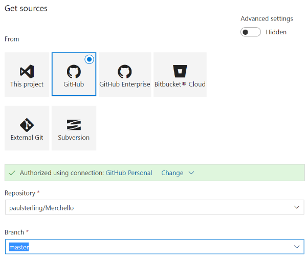 Example of configured GitHub source code repository