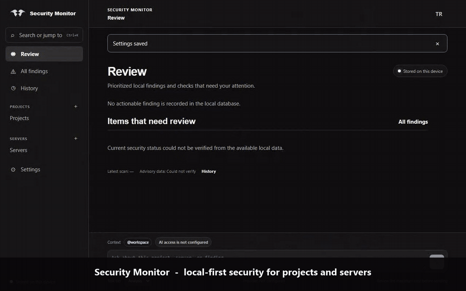 Demo: adding a project and running a local quick scan, reading why a finding matters, and pairing a production server after verifying its host key