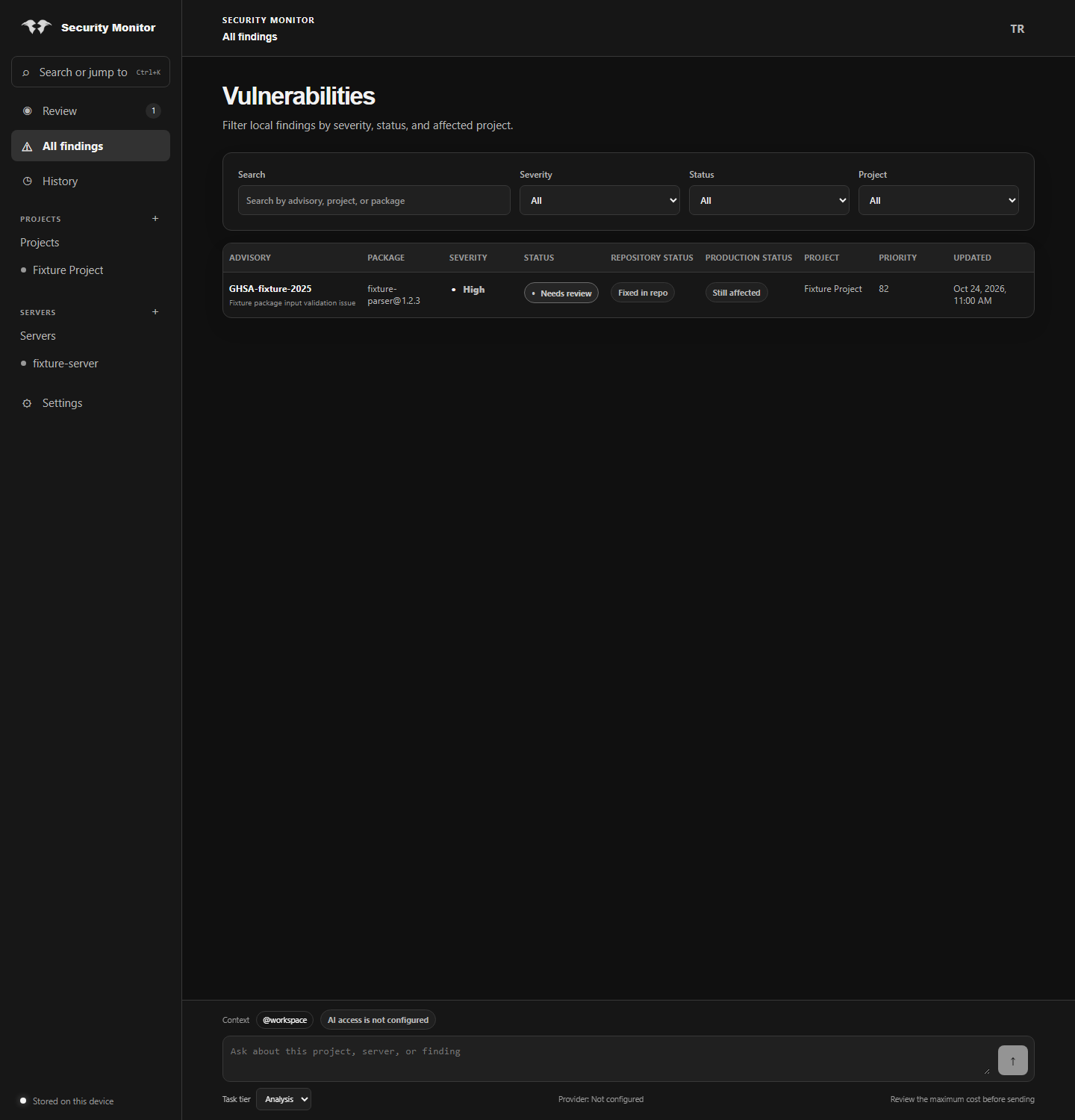Findings in dark theme