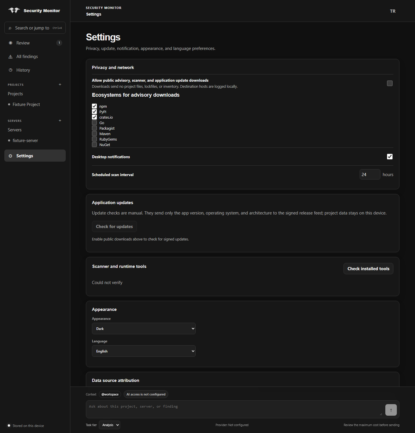 Settings in dark theme