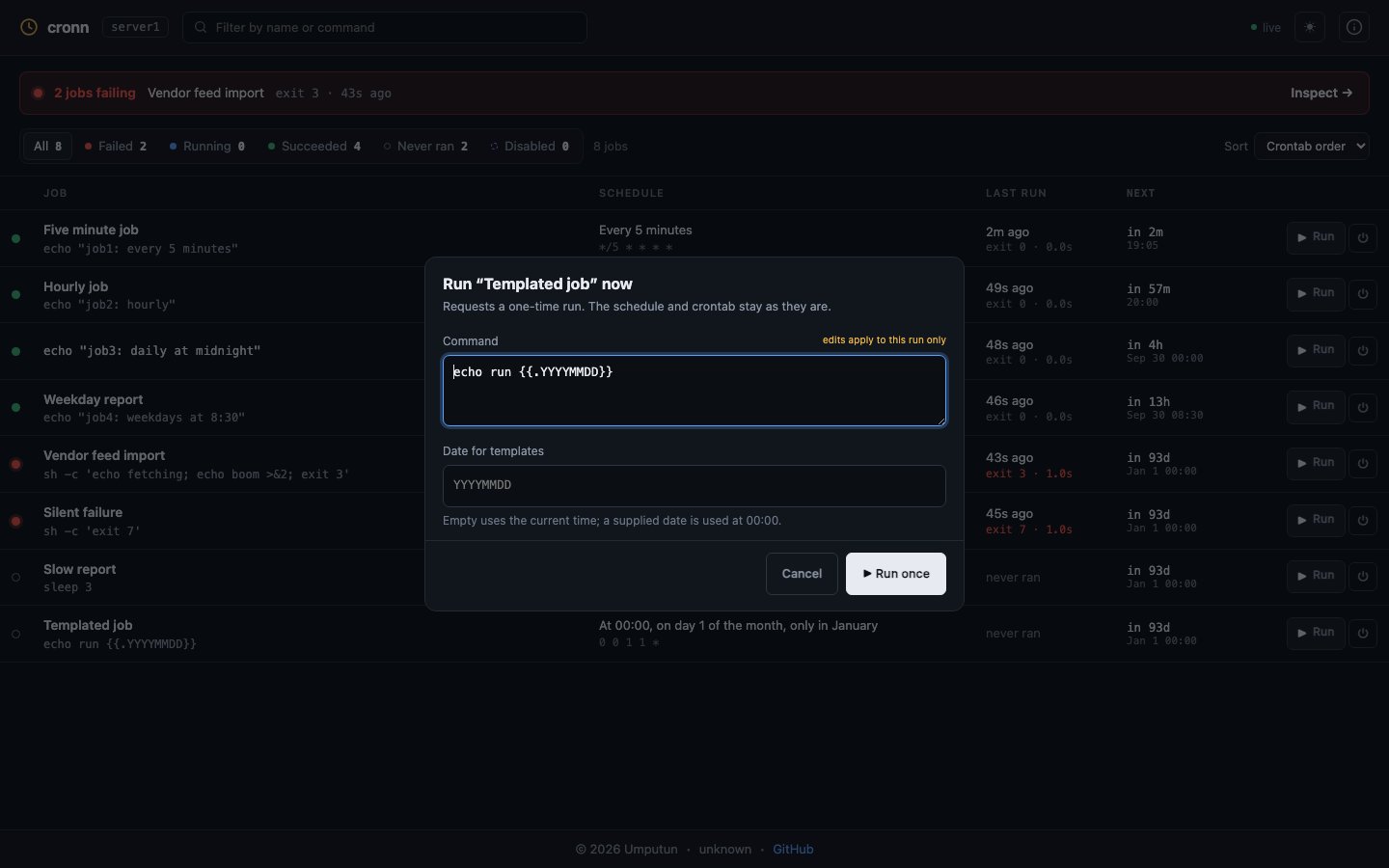 Dashboard Run Dialog