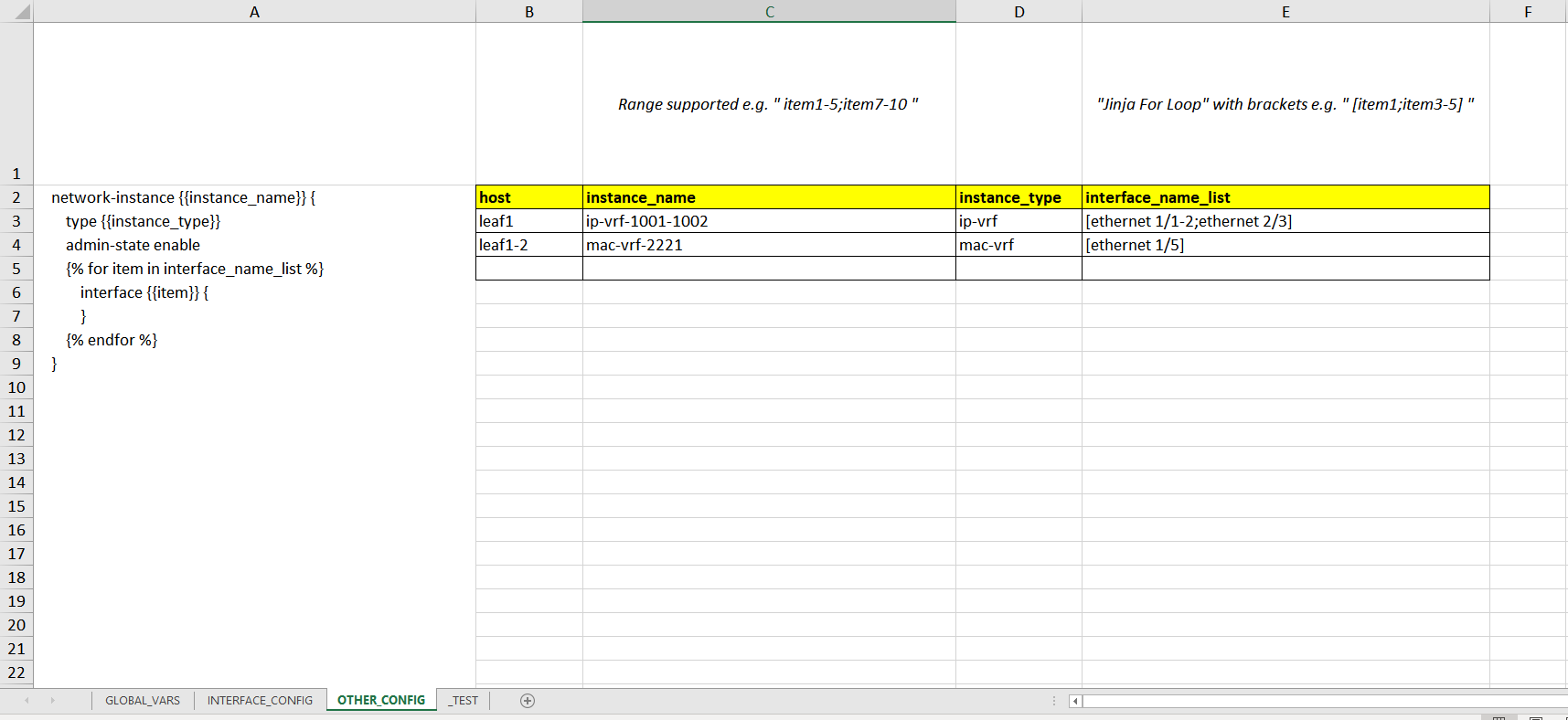 OTHER_CONFIG Excel Sheet