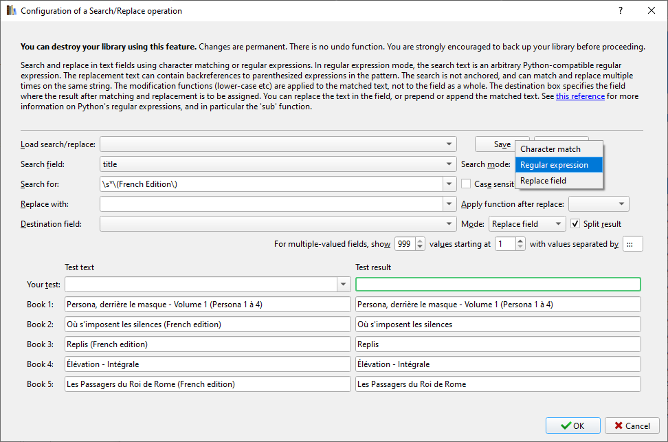 configuration dialog for a Search/Replace operation