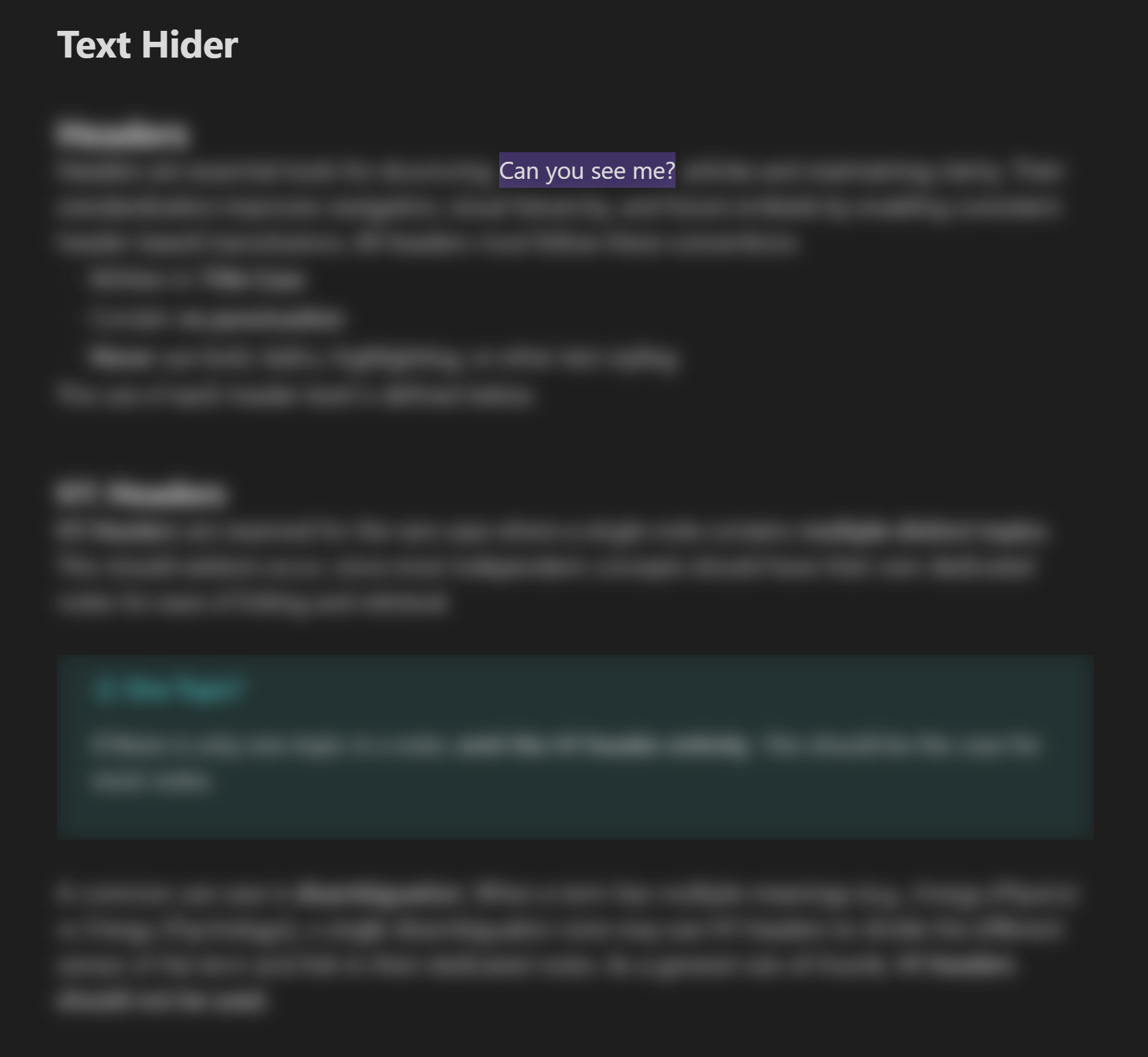 Obsidian note with Text Hider enabled, where the focused text remains readable and surrounding content is masked