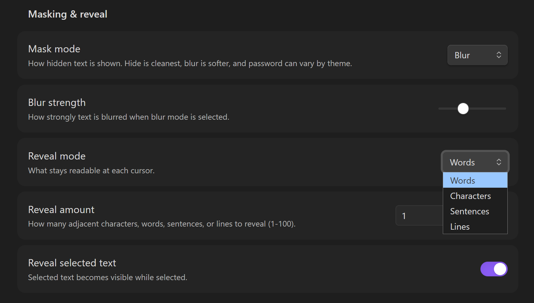 Text Hider settings showing the Reveal mode selector and reveal amount field