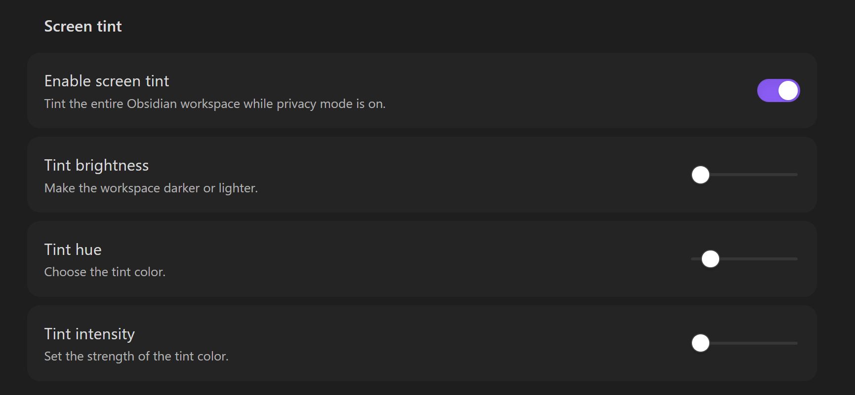 Text Hider settings showing the screen-tint toggle and sliders for brightness, hue, and intensity