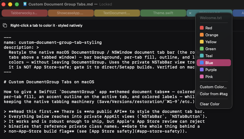 Right-click a tab to set a custom color, or color from a #tag