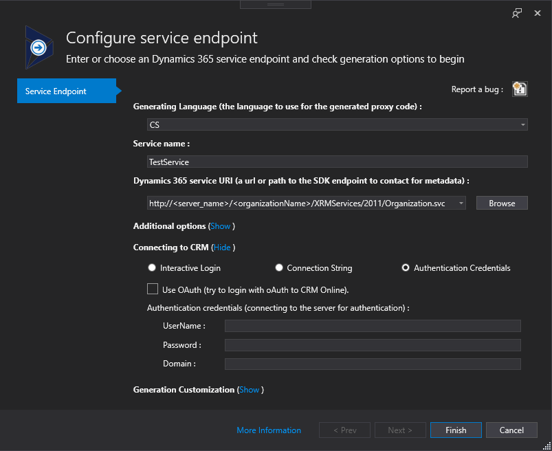 Connected Service Configuration - Connecting CRM - Authentication