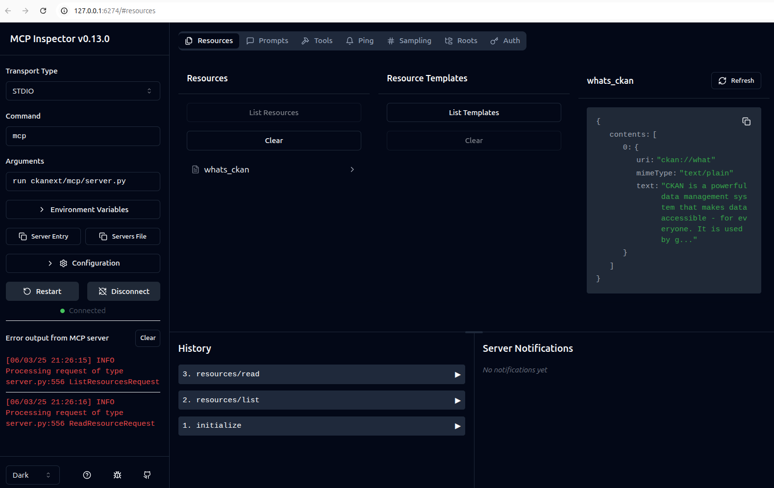 mcp dev server running