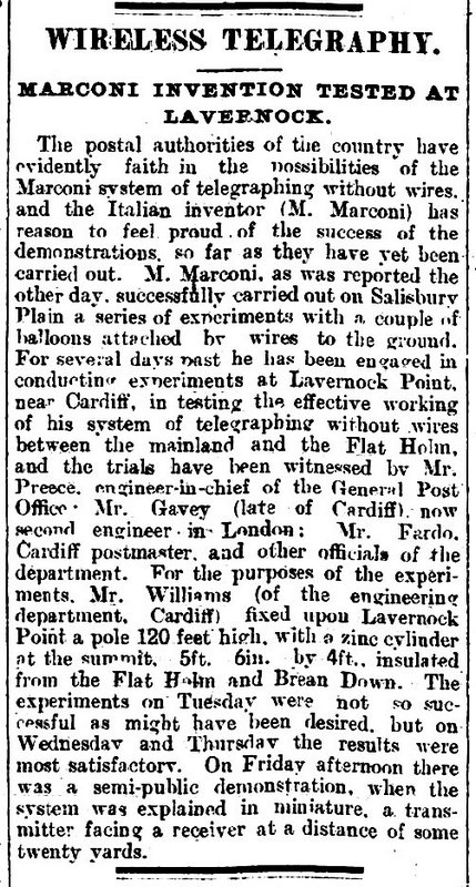 Newspaper cutting headed Wireless Telegraphy, Marconi Invention Tested at Lavernock, May 1897
