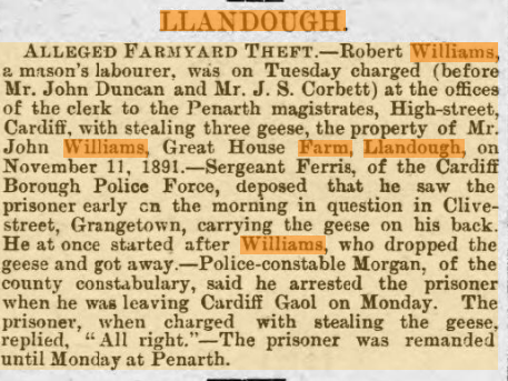 Newspaper cutting headed Llandough. Alleged Farmyard Theft, 1891
