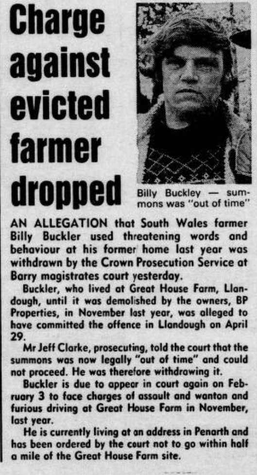 Newspaper cutting, Charge against evicted farmer dropped, with a photograph of Billy Buckler