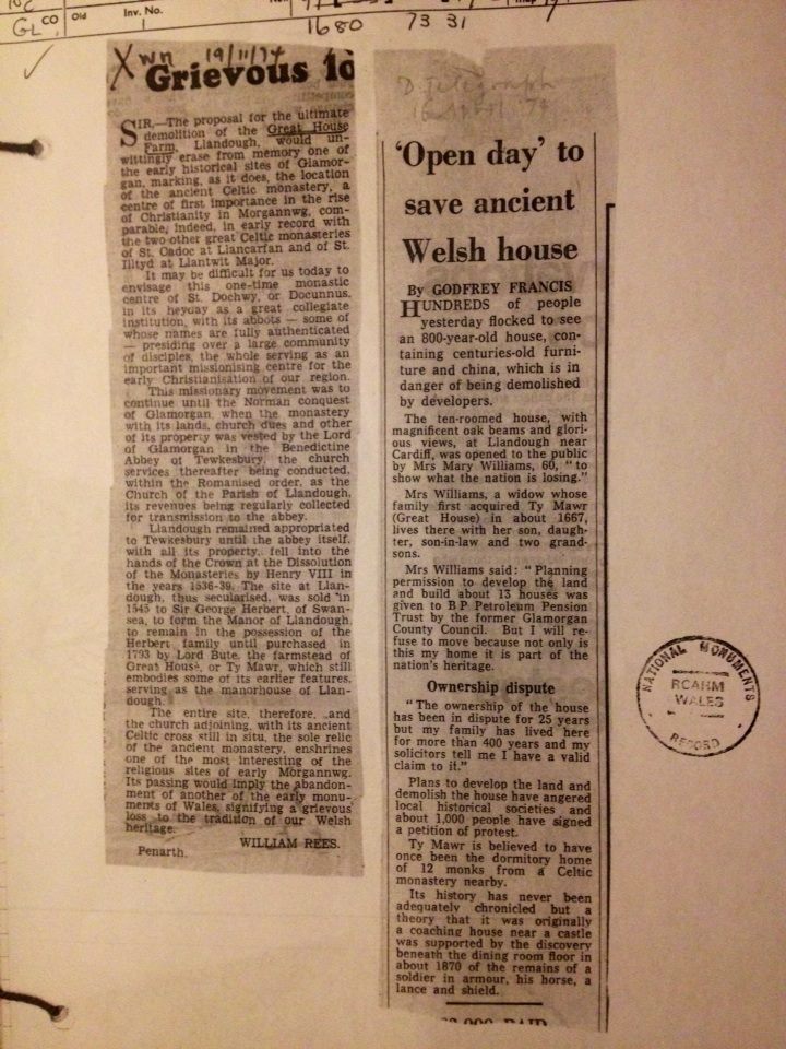 Western Mail letter headed Grievous loss, from William Rees, pasted beside the Daily Telegraph cutting