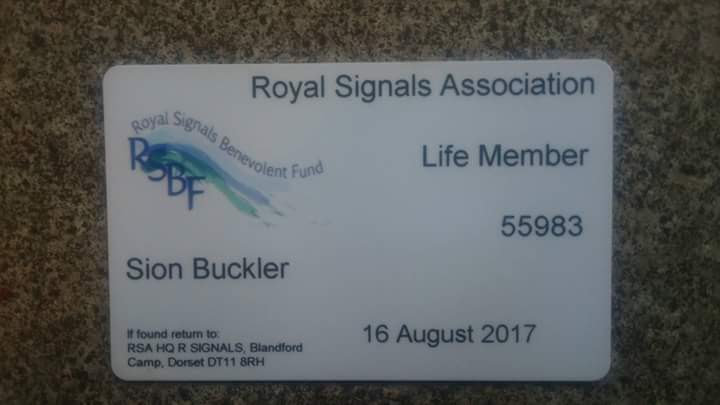 Royal Signals Association Benevolent Fund life-membership card bearing the name Sion Buckler and dated 16 August 2017.