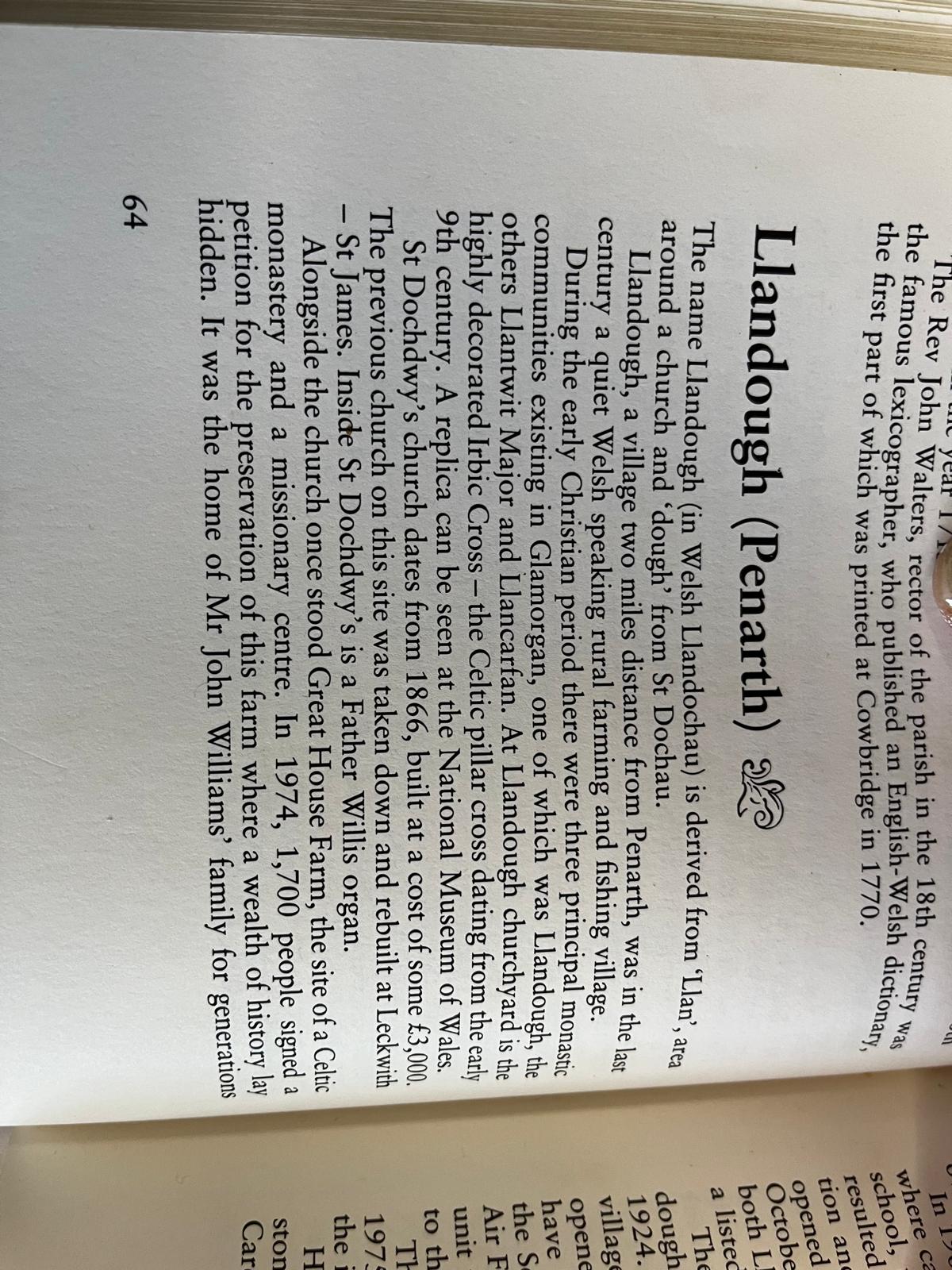 Photograph of a printed page headed “Llandough (Penarth)” containing local historical material and a reference to Great House Farm.