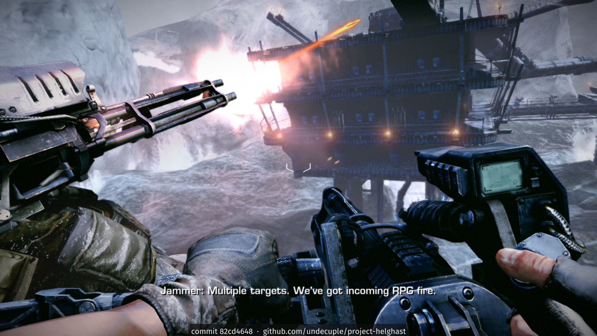 The port running Killzone 3's Frozen Shores level at 1920x1080: a mounted gun firing at an oil platform in the snow