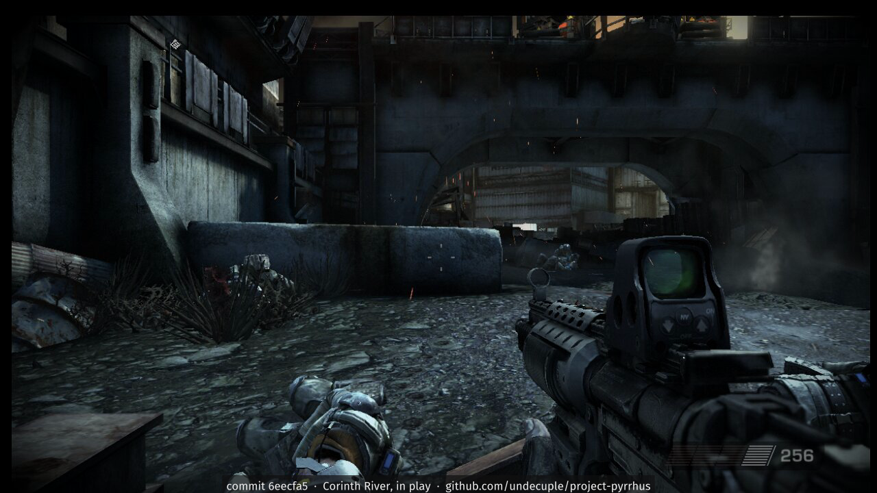 Killzone 2 running in the port: the first level in first person, with the weapon, crosshair and ammo counter