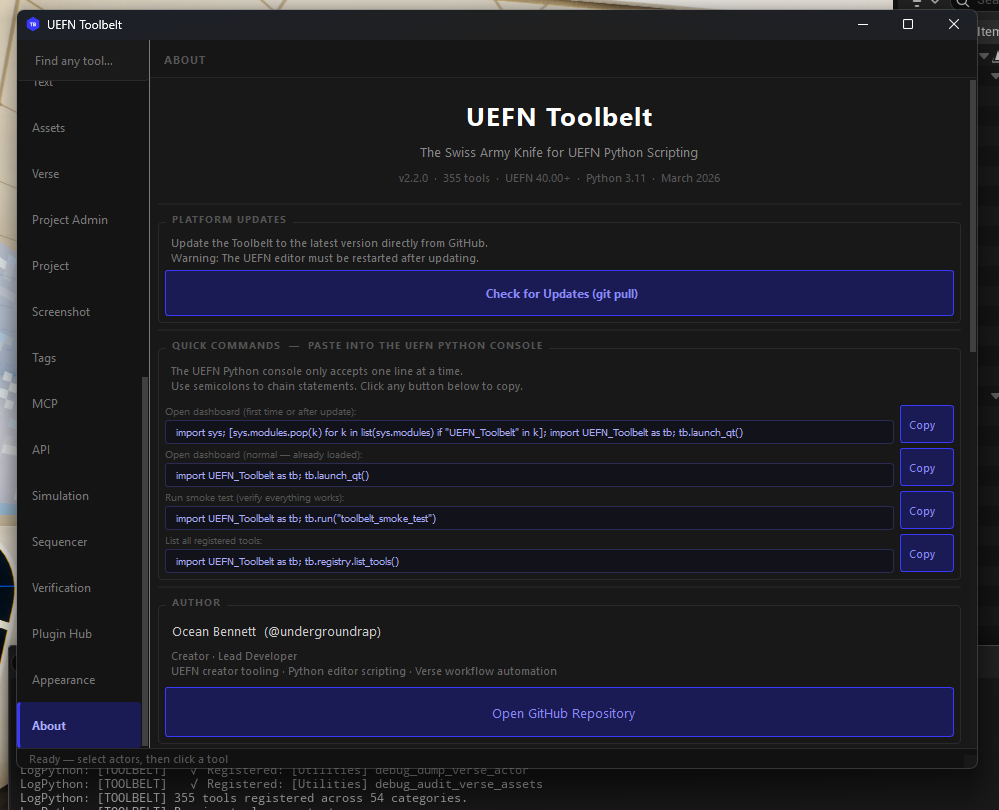 UEFN Toolbelt Dashboard
