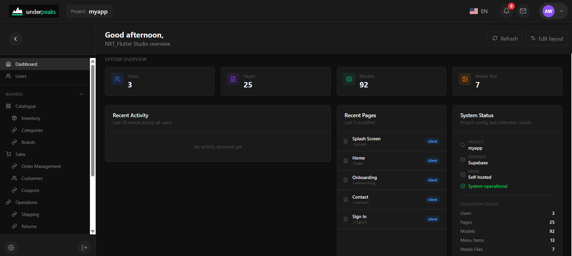 Underpeaks console dashboard