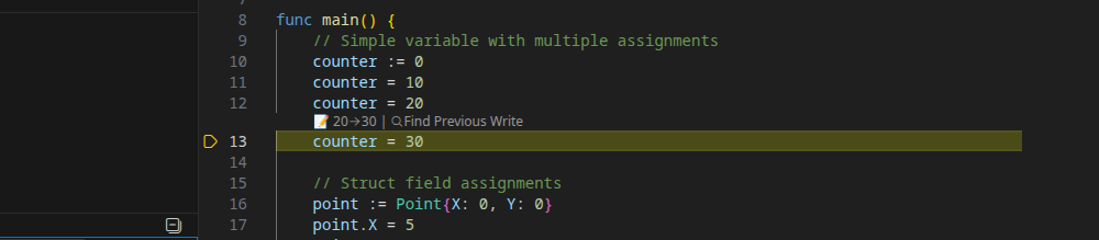 CodeLens showing value transition