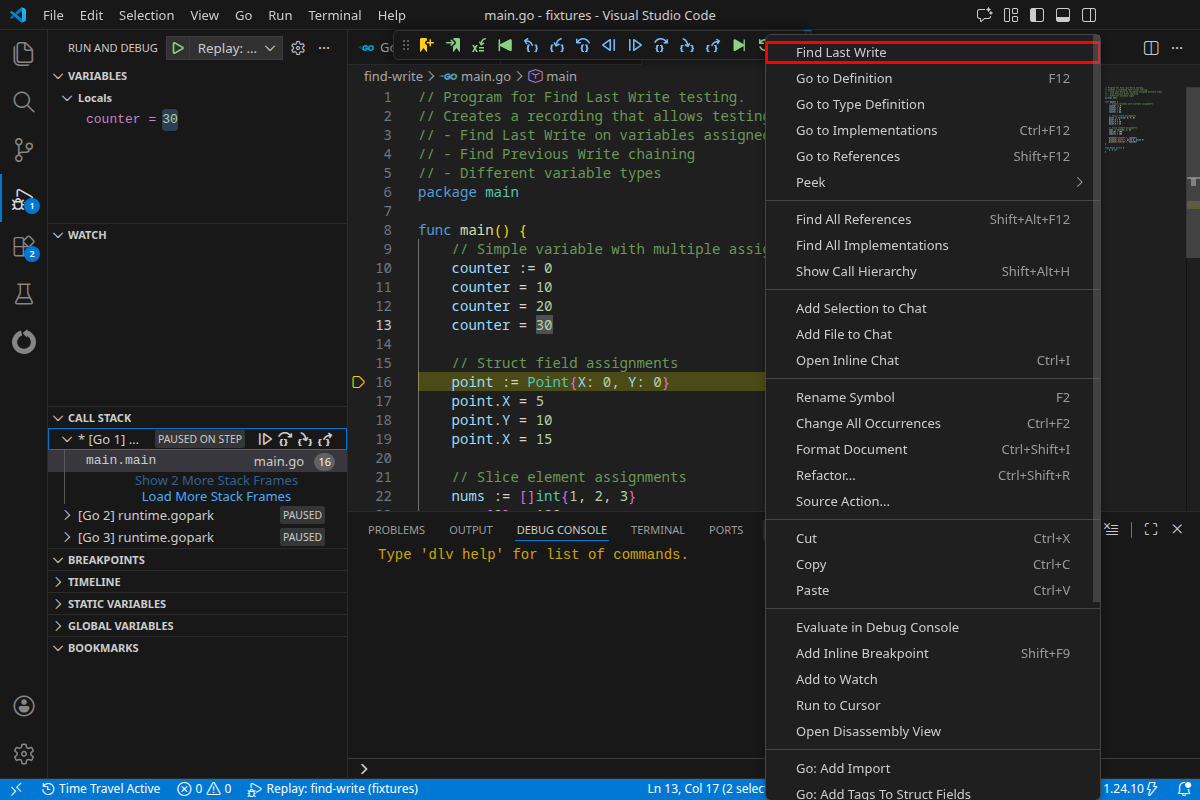 Find Last Write in editor context menu