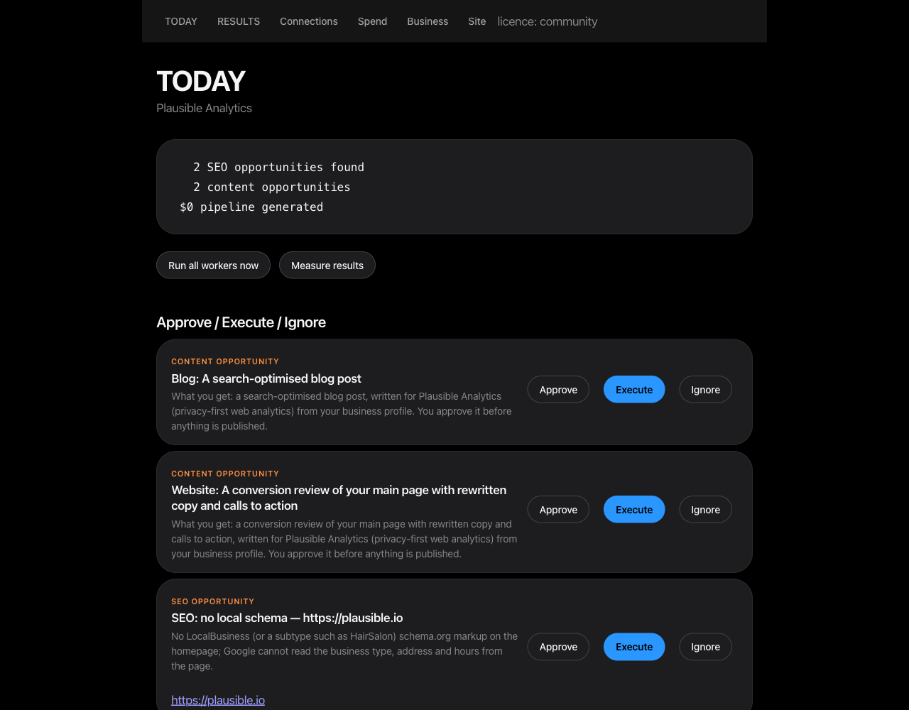 RevenueOS TODAY: opportunities found for the connected business, each with Approve, Execute and Ignore