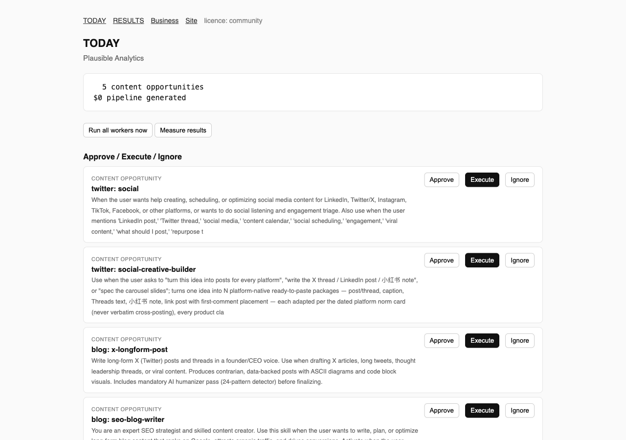 RevenueOS TODAY: the opportunities found for the connected business, each with Approve / Execute / Ignore