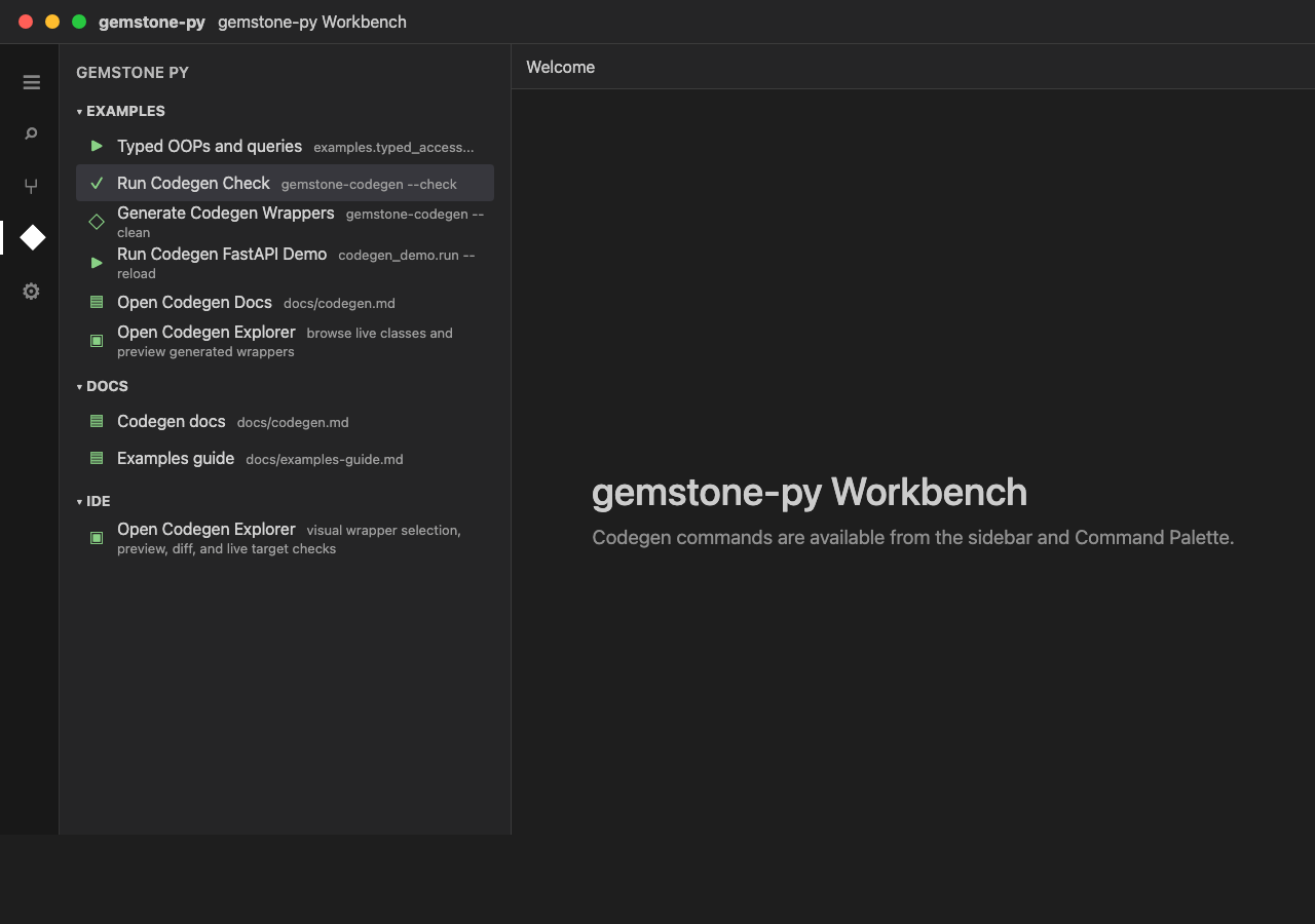 gemstone-py Workbench Codegen sidebar actions