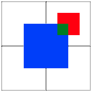 three squares in blue, green and red