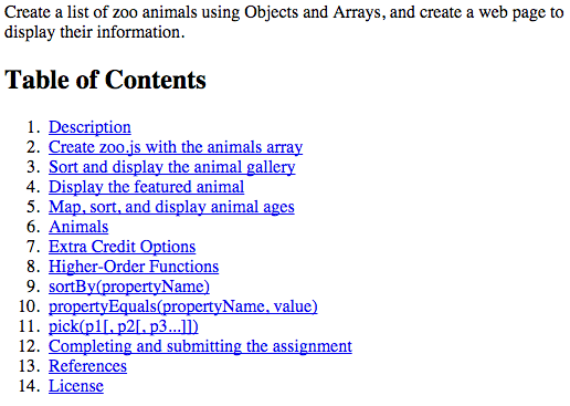 Screenshot of the table of contents list with heading