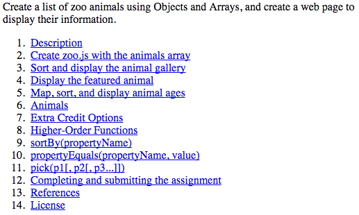 Screenshot of the list of links below the introductory paragraph