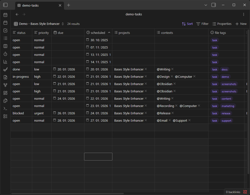 Before – default Bases table font size