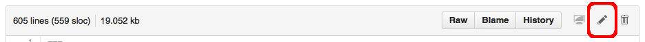 screenshot of top menu bar for GitHub's file interface with the edit icon highlighted in the top right