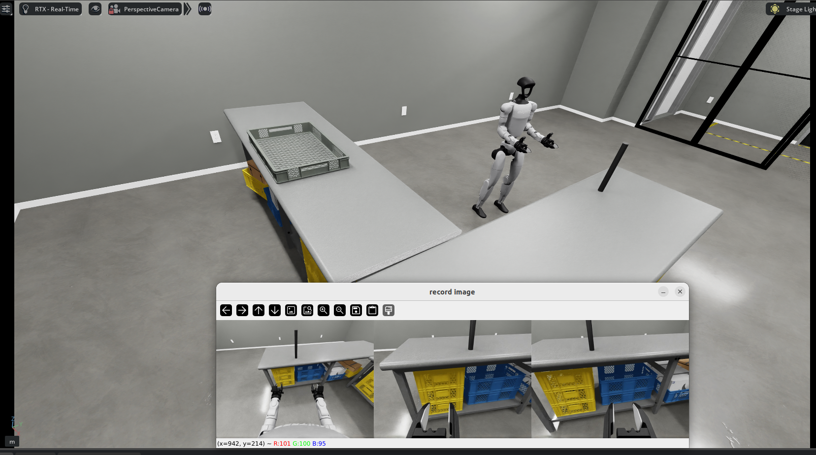 Unitree G1 humanoid in an Isaac Lab simulation environment between two work tables