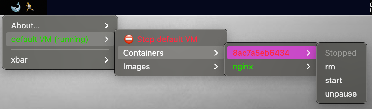 Screen shot of xbar menu with container submenu for a running vm