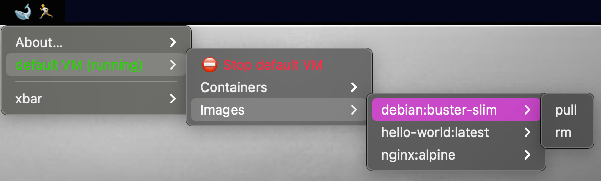 Screen shot of xbar menu with image submenu for a running vm