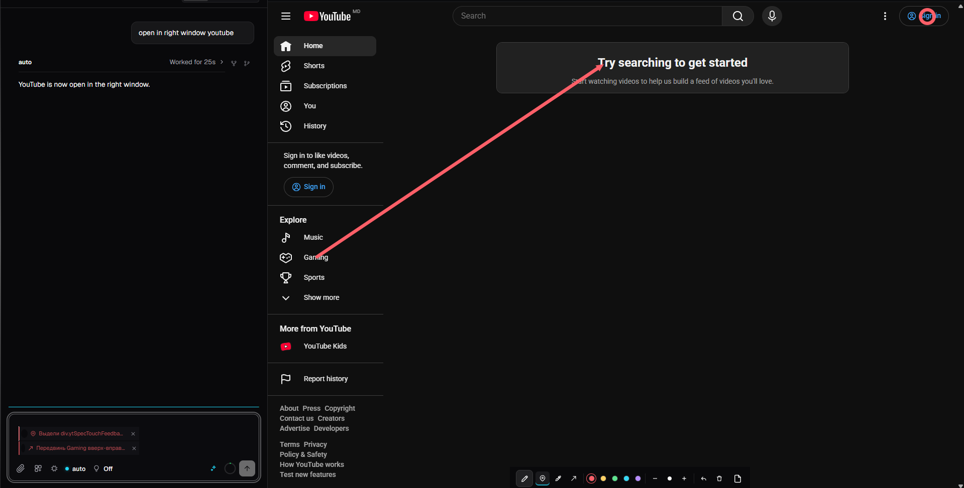 Browser surface beside the agent conversation