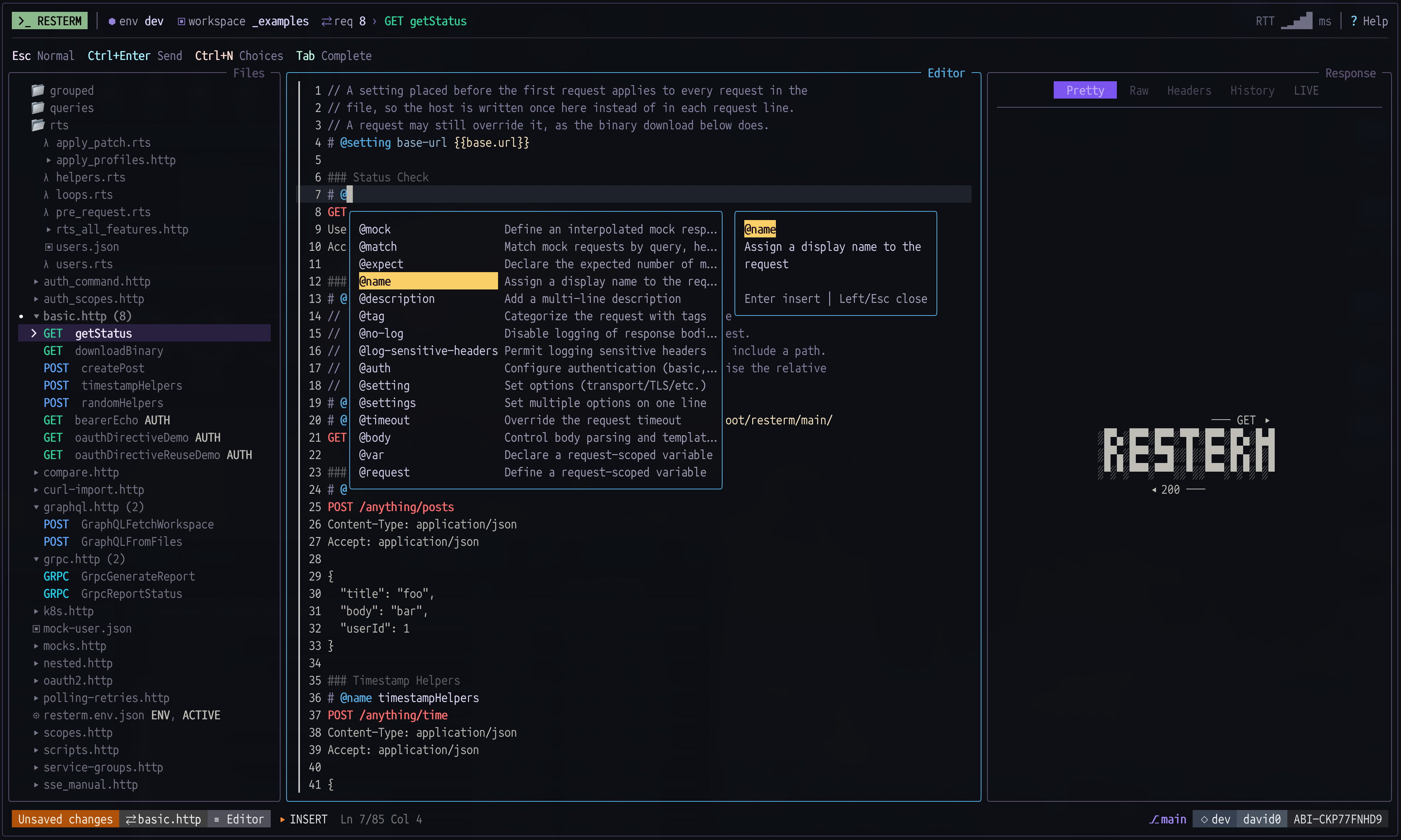 Screenshot of Resterm TUI base