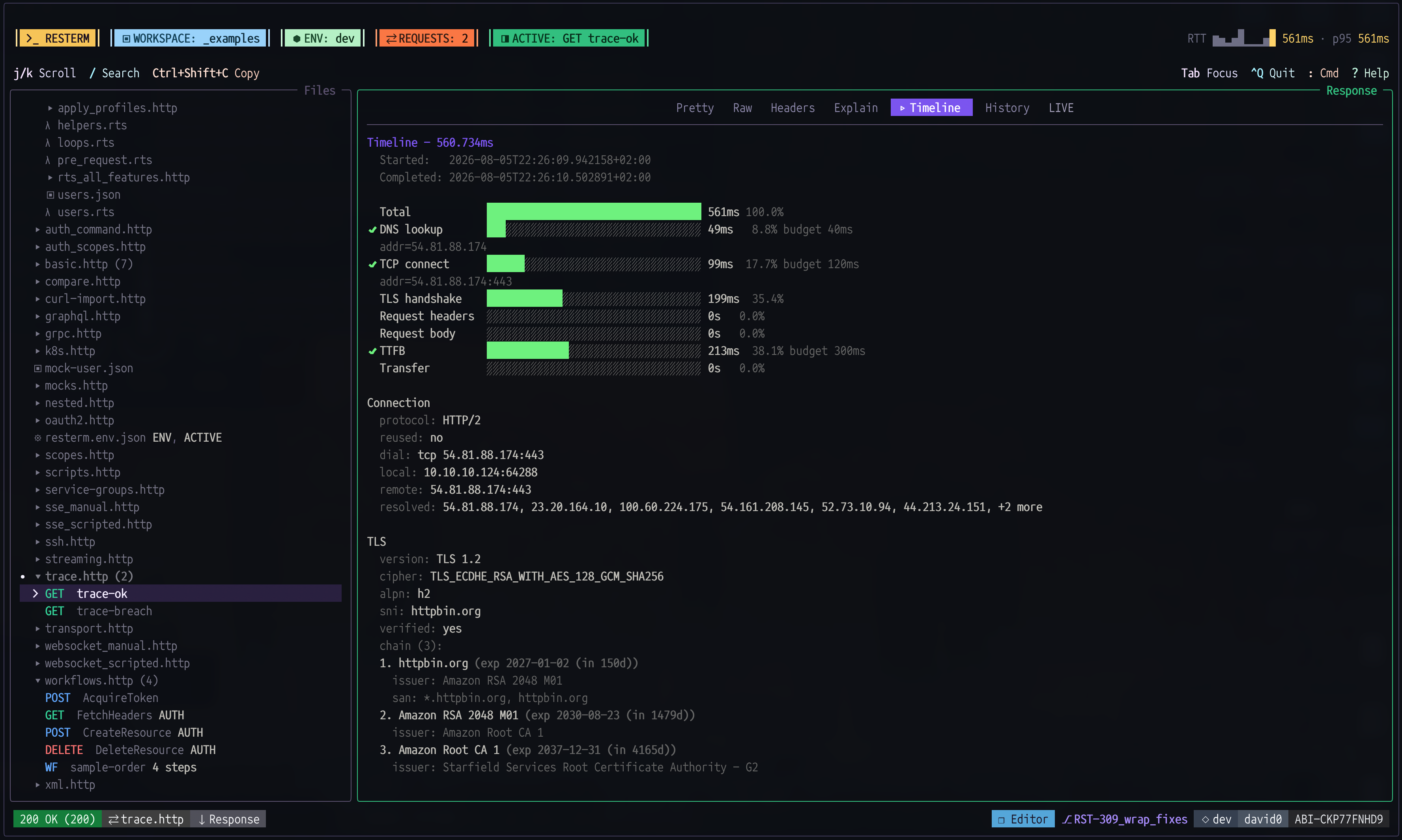 Screenshot of Resterm with timeline